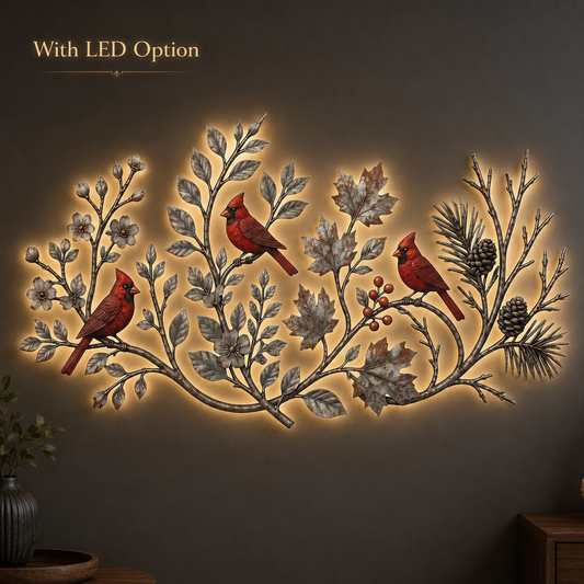 LED Hero Main Image - Cardinal Metal Wall Art Red Bird Botanical Wall Decor Rustic