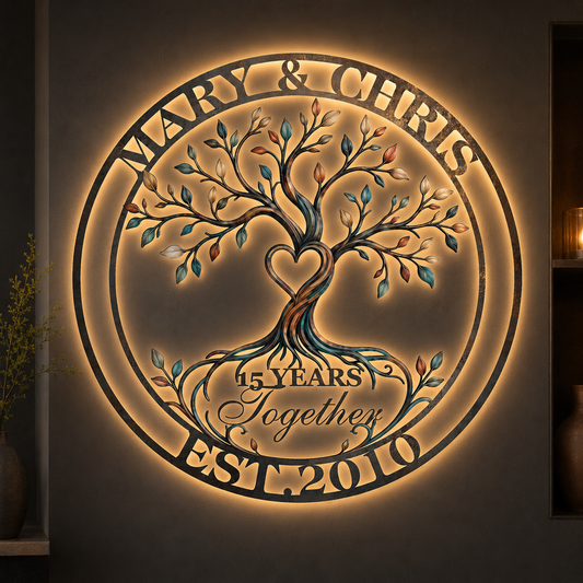 LED Hero Main Image - Personalized Anniversary Gift Custom Couple Name Tree of Life Metal