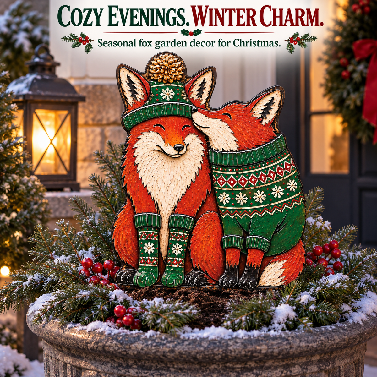 Christmas Fox Garden Stake Winter Woodland Yard Decor Couple Fox Metal Garden Art Holiday Outdoor Decor Fox Lover Gift — Winter Evening Garden Scene