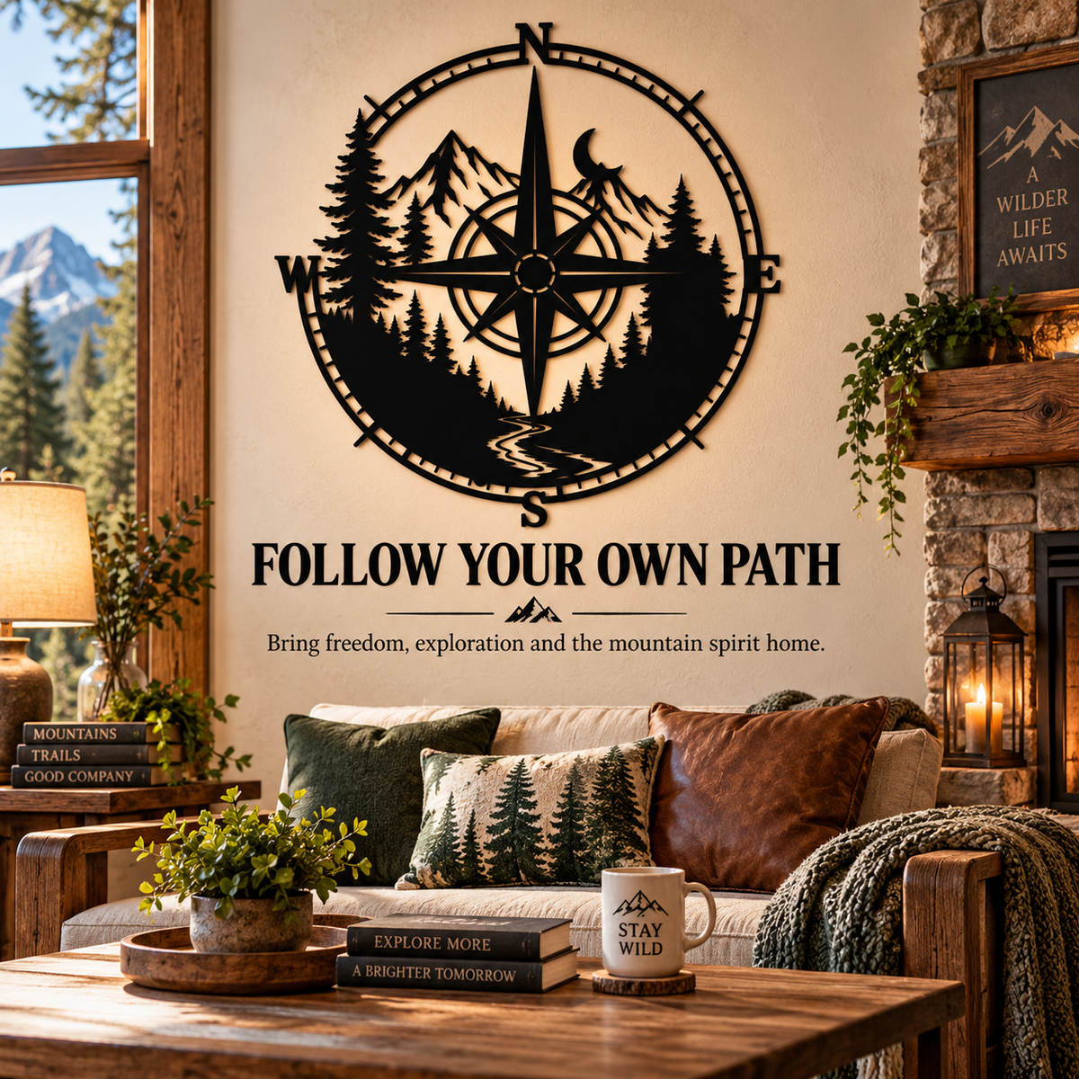 Metal Compass Wall Art Mountain Wall Art Adventure Decor Cabin Wall Art Travel Gift Nature Lover Gift With LED — Final Statement