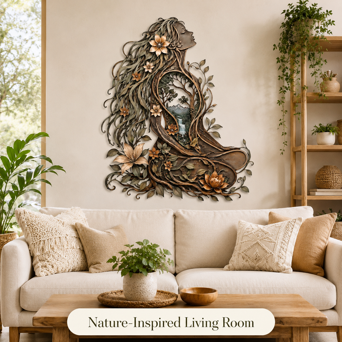 Nature-Inspired Living Room - Meditation Room Metal Wall Art Woman Tree of Life Yoga