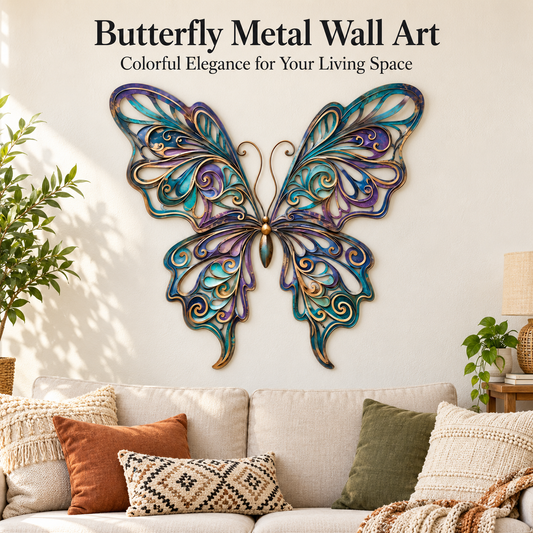 Butterfly Metal Wall Art Colorful Butterfly Wall Decor Whimsical Wall Art Boho Eclectic Nature Decor Flat Printed Metal Art With LED — Primary Lifestyle – Living Room