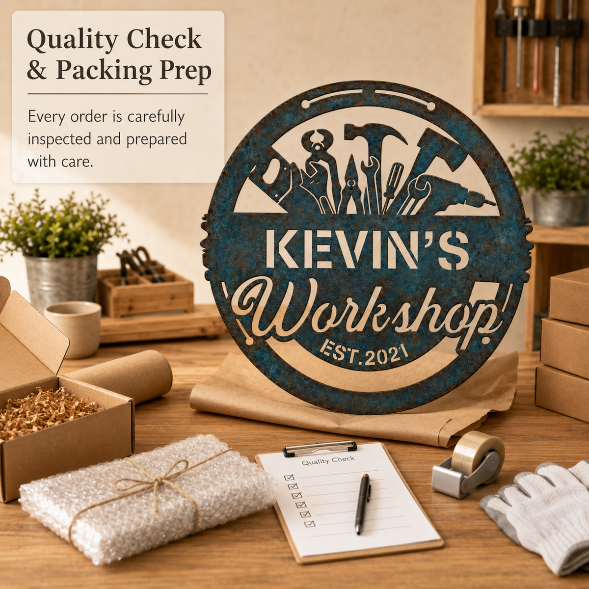 Custom Blue Rust Workshop Metal Sign, Personalized Name Workshop Wall Decor, Rustic Garage Sign, Optional LED — Andy_16