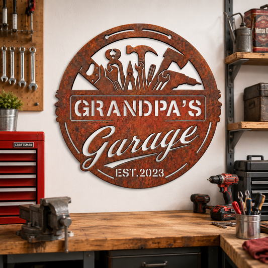 Garage Metal Sign with LED, Personalized Rustic Workshop Wall Decor, Custom Garage Sign Gift for Grandpa, Father's Day gift — main 2