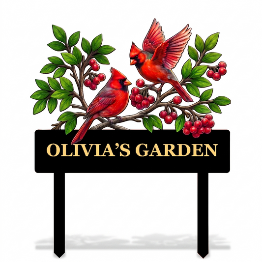 Personalized Twin Cardinal Garden Stake Red Bird Pair Metal Yard Art Custom Garden Sign Bird Lover Garden Decor — MAIN 1