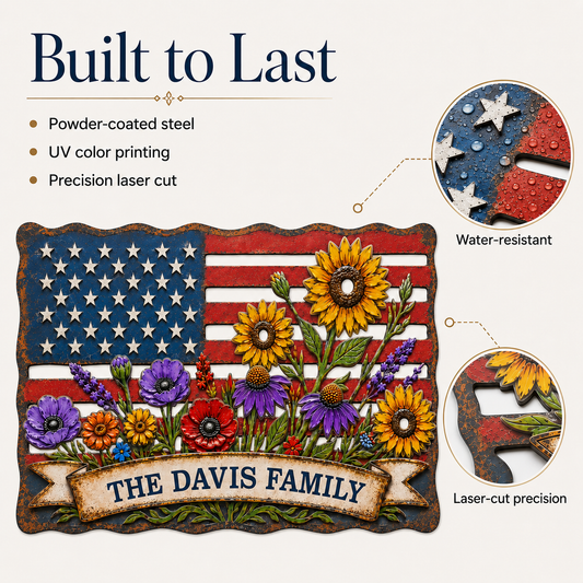 American Flag Wall Art, Personalized Patriotic Metal Sign with Flowers, Custom Family Banner, Porch Door Decor — main 3