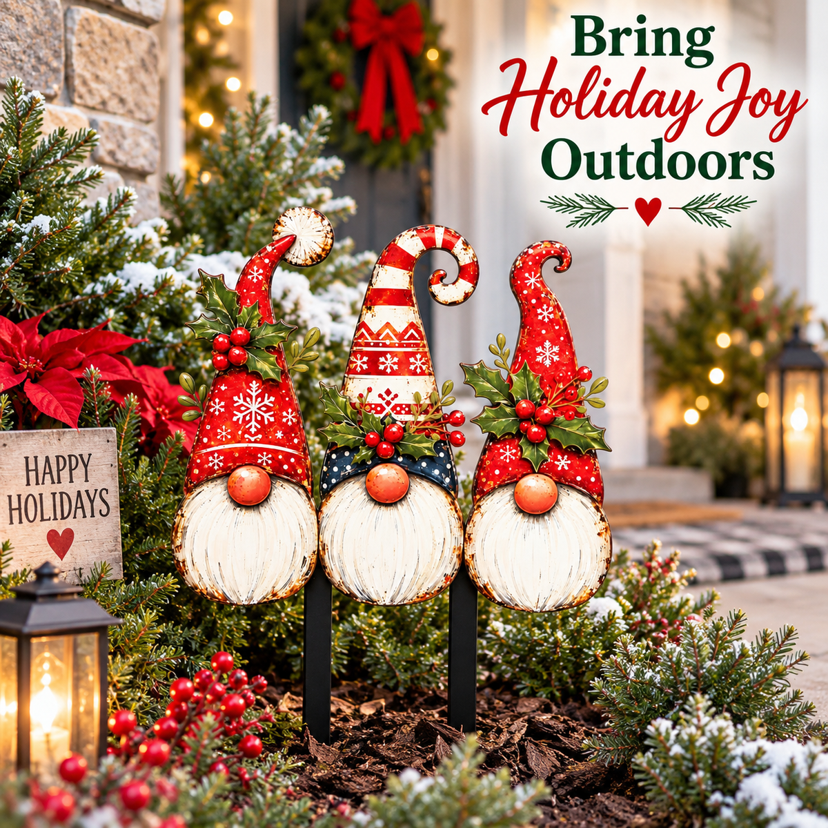 Christmas gnome trio outdoor yard art in a festive winter garden