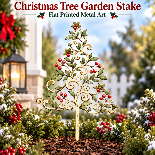 Christmas Tree Garden Stake Holly Berry Yard Art Holiday Outdoor Decor Flat Printed Metal Art — 2
