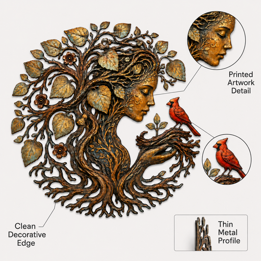 Mother Earth Metal Wall Art, Tree of Life Goddess Decor, Cardinal Bird Botanical Wall Decor, Nature Lover Gift, With or Without LED — Main 02