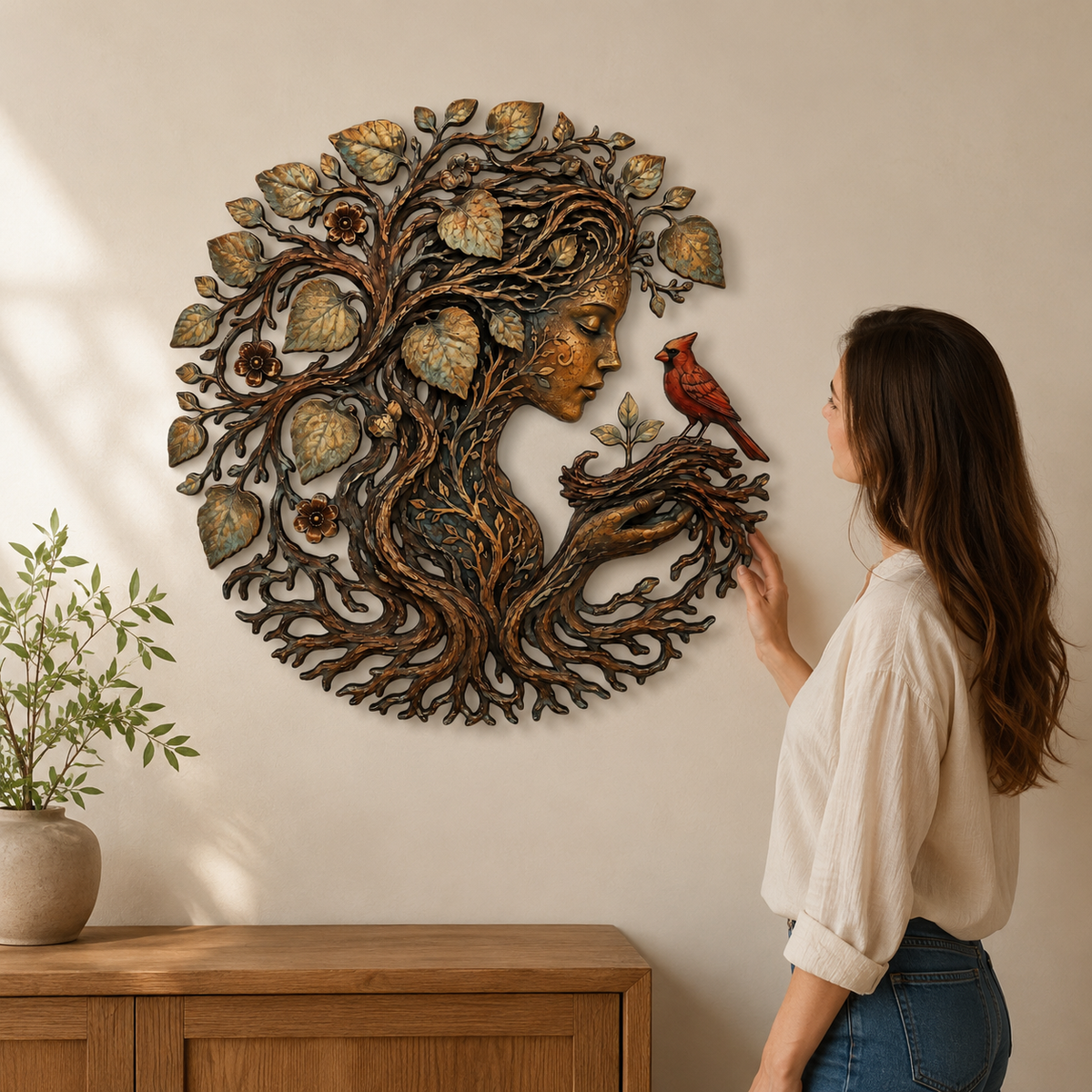 Mother Earth Metal Wall Art, Tree of Life Goddess Decor, Cardinal Bird Botanical Wall Decor, Nature Lover Gift, With or Without LED — Main 12