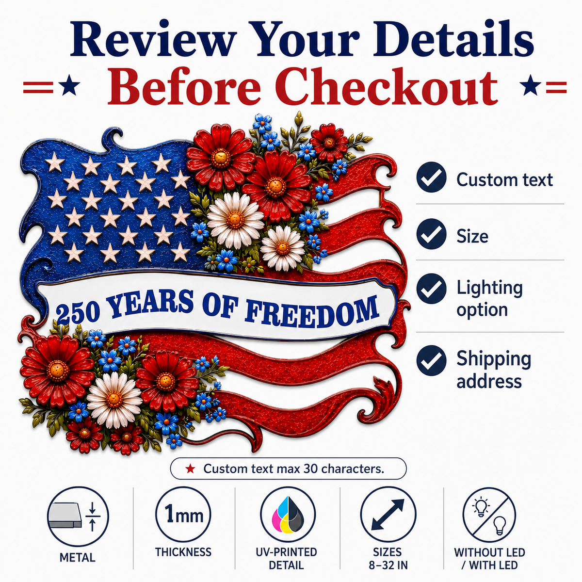 Metal American Flag Sign, Personalized Patriotic Wall Decor, Custom 250 Years of Freedom Gift, Optional LED — Main 12