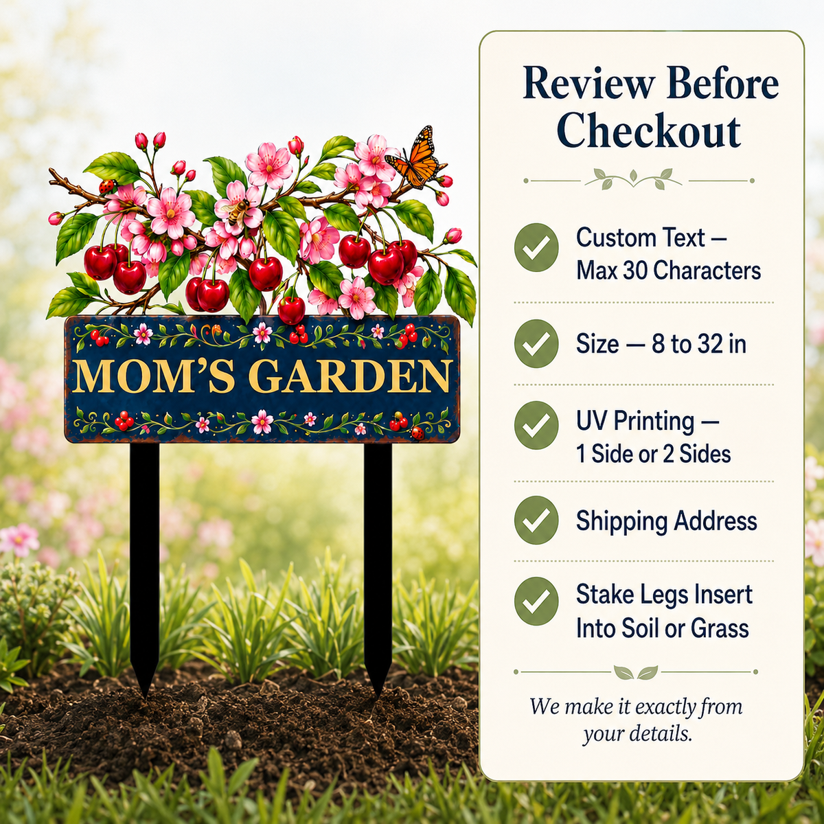 Personalized Cherry Garden Stake, Mom's Garden Metal Yard Sign, Cherry Blossom Yard Decor, Custom Outdoor Garden Gift — Main 13