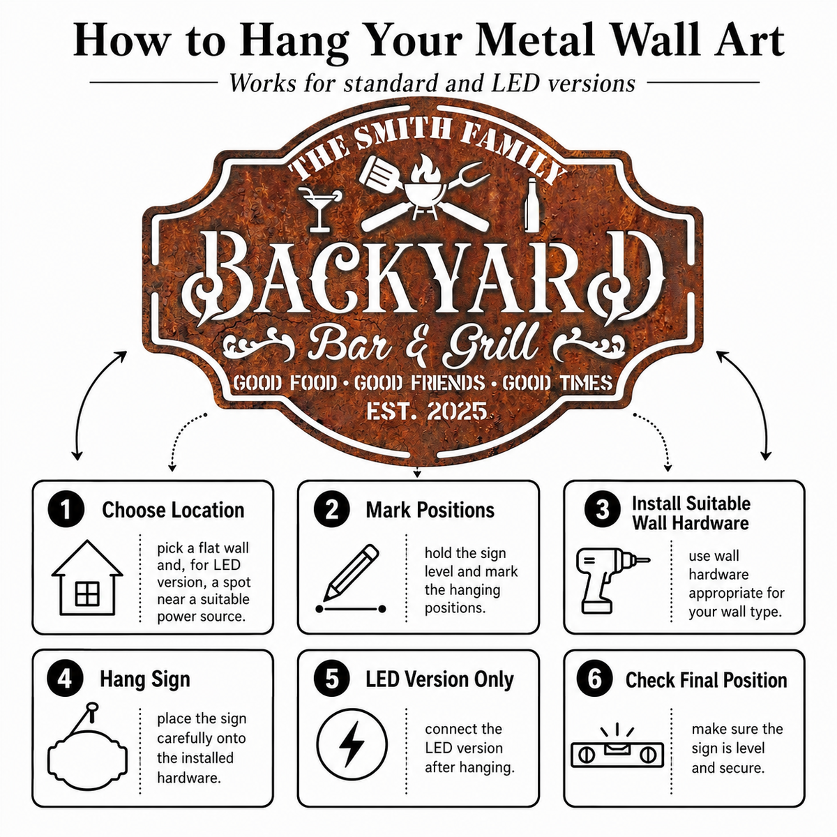Personalized Backyard Bar & Grill Metal Sign, Custom Family Name Wall Decor, Rustic Patio BBQ Sign with Optional LED — Main 13