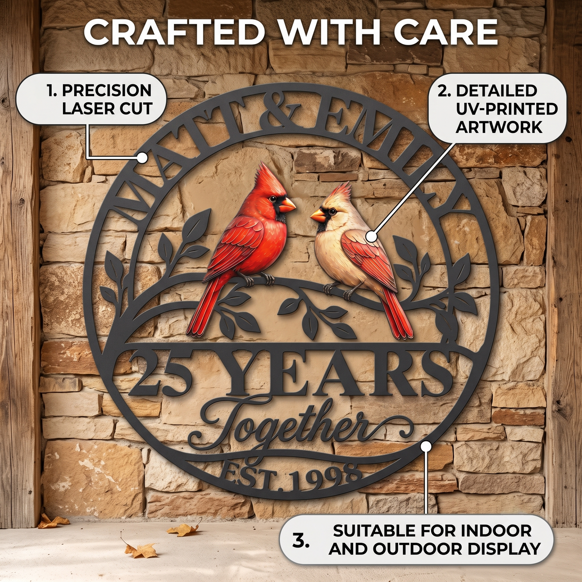 main 9 - Personalized Anniversary Gift Cardinal Couple Metal Wall Art Custom Together