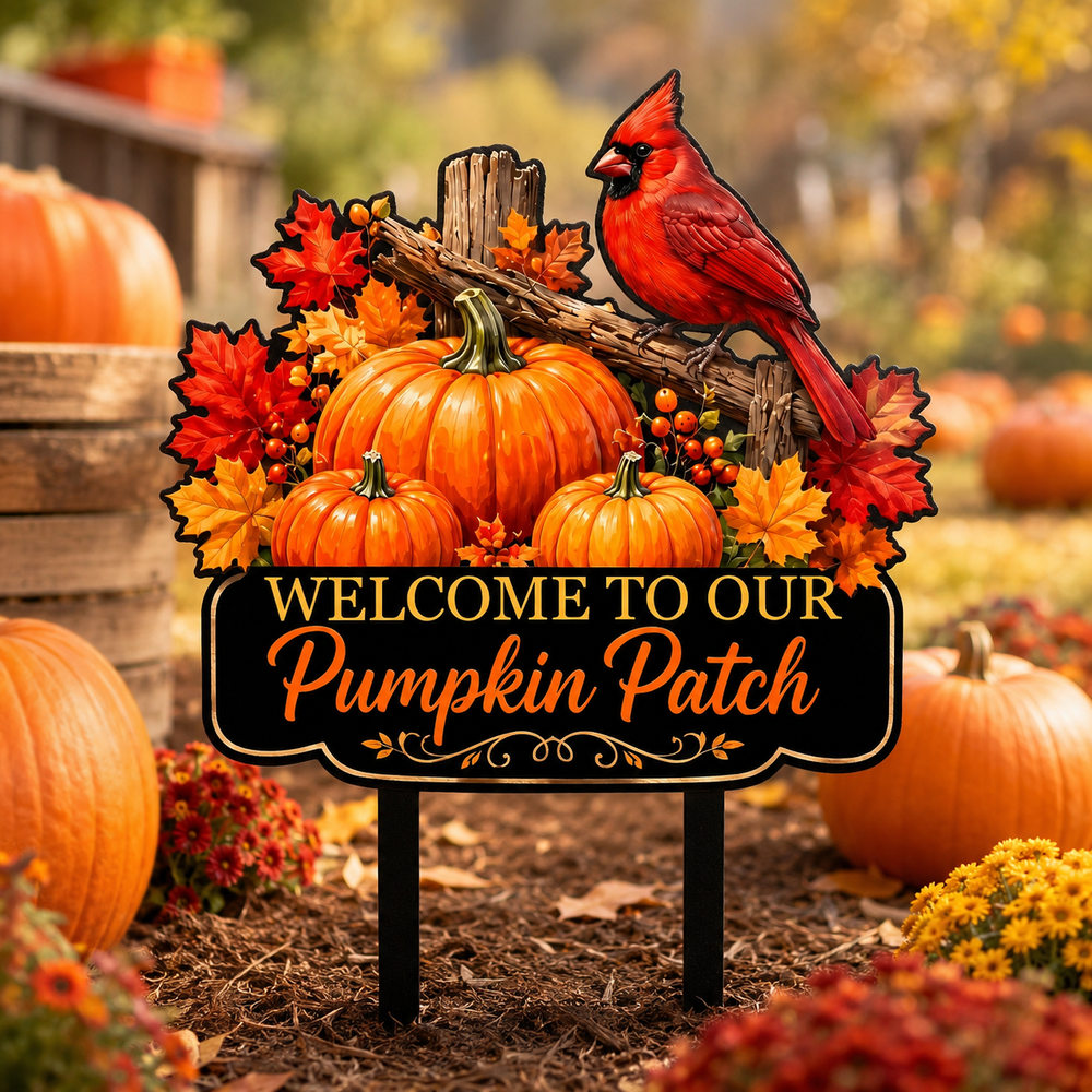 Pumpkin patch cardinal garden stake personalized fall yard decor in a front yard bed