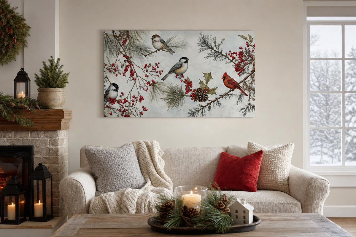 Winter bird metal wall art displayed in a seasonally decorated living room.