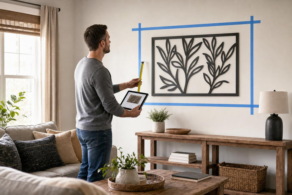 Shopper measuring a wall and comparing the space with a metal wall art listing.