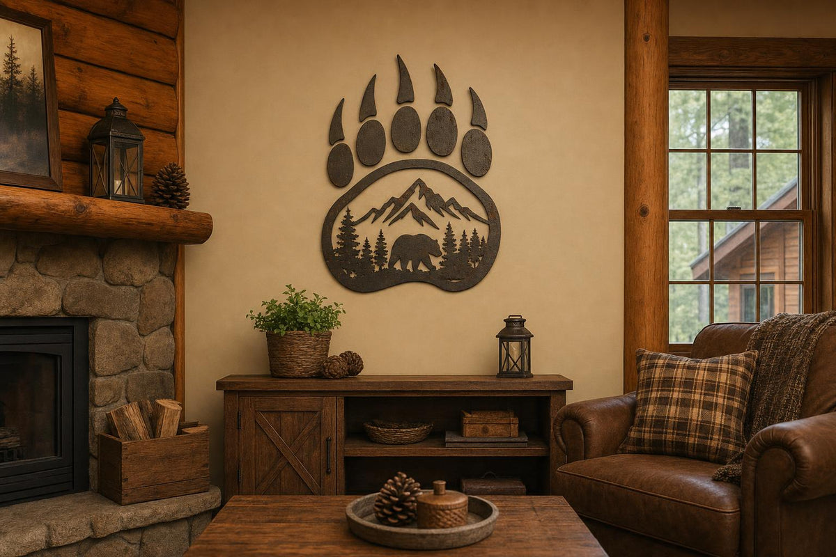 Bear paw metal wall art concept displayed in a rustic cabin interior.