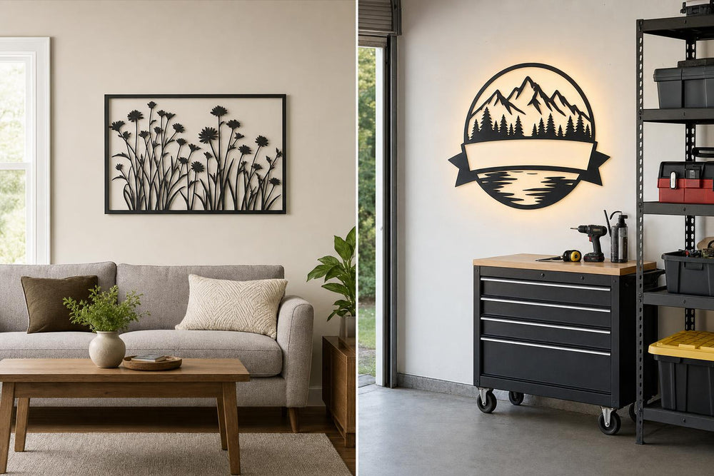 Decorative metal wall art and a personalized metal sign displayed in different rooms