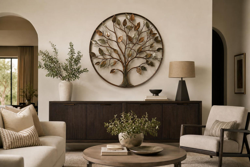 Metal wall art displayed as a focal point above a console in a warm living room
