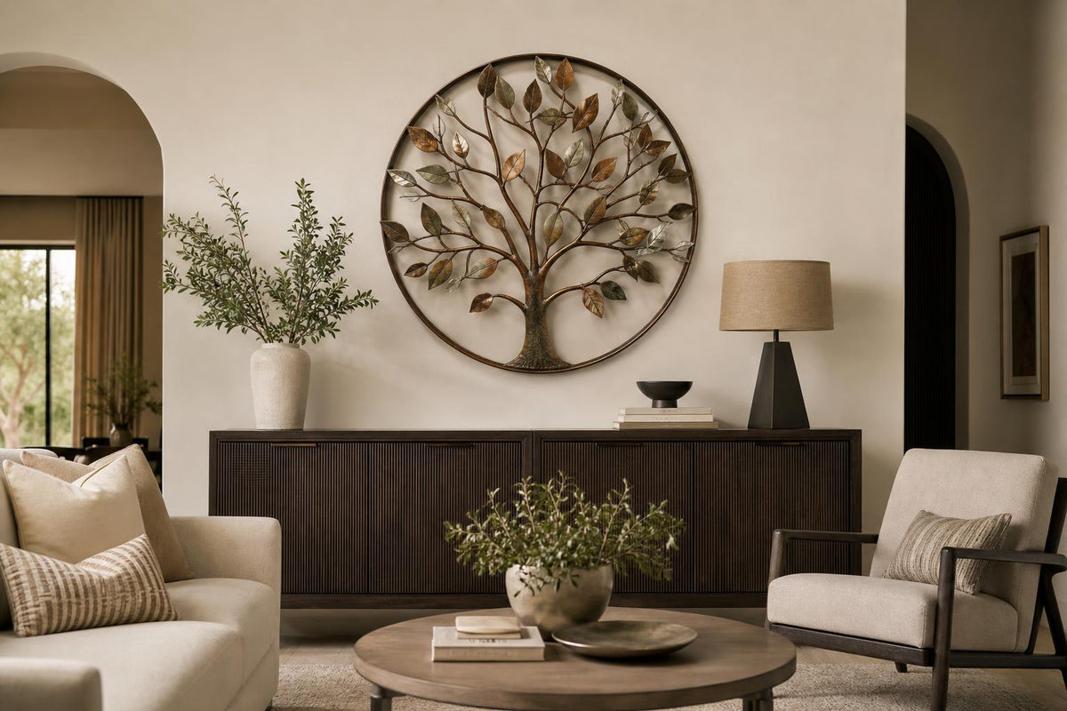 Metal wall art displayed as a focal point above a console in a warm living room