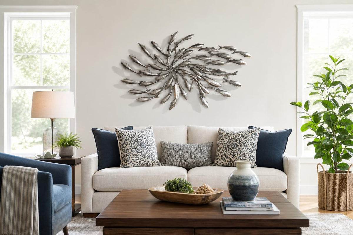 Metal wall art displayed as a focal point in a bright living room