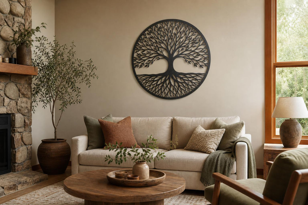 Living room featuring metal wall art as a focal point