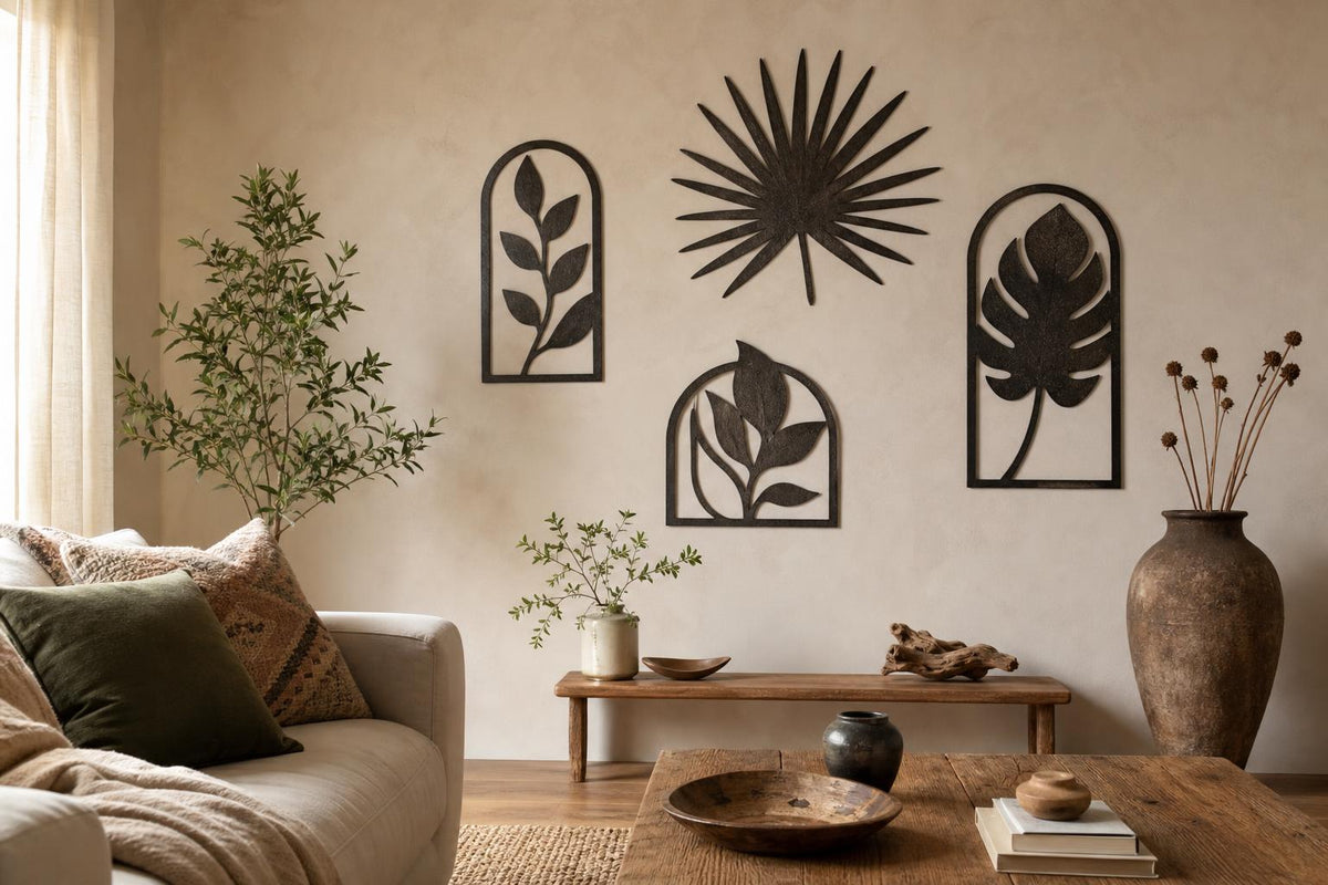 Styled living room wall with metal wall hanging decor