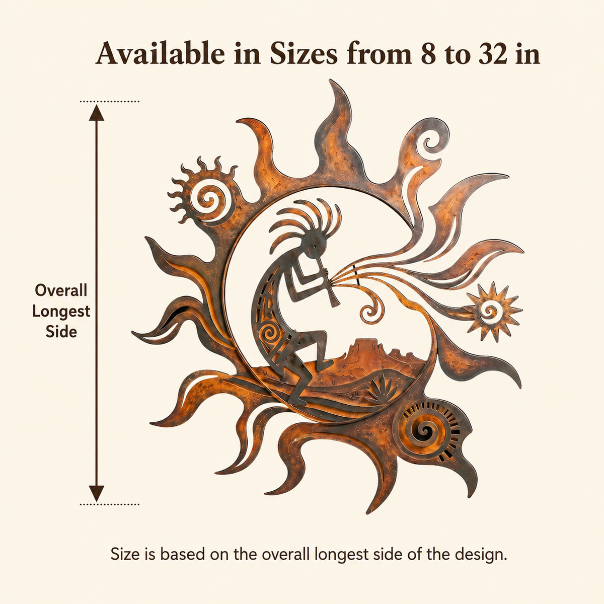 Compact Size Guide - Kokopelli Metal Wall Art Southwestern Wall Decor Desert Sun Rustic
