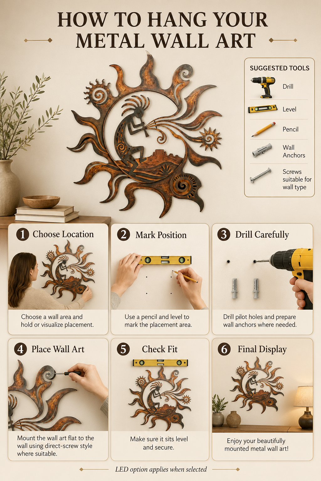 How to Hang - Safe Placement - Kokopelli Metal Wall Art Southwestern Wall Decor Desert Sun Rustic
