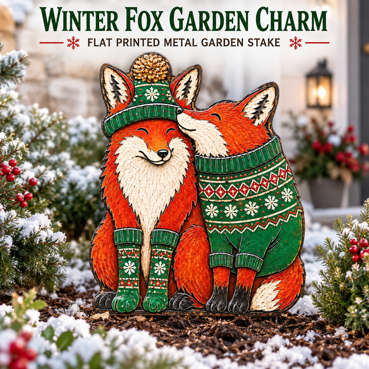 Christmas Fox Garden Stake Winter Woodland Yard Decor Couple Fox Metal Garden Art Holiday Outdoor Decor Fox Lover Gift — Hero Garden Lifestyle