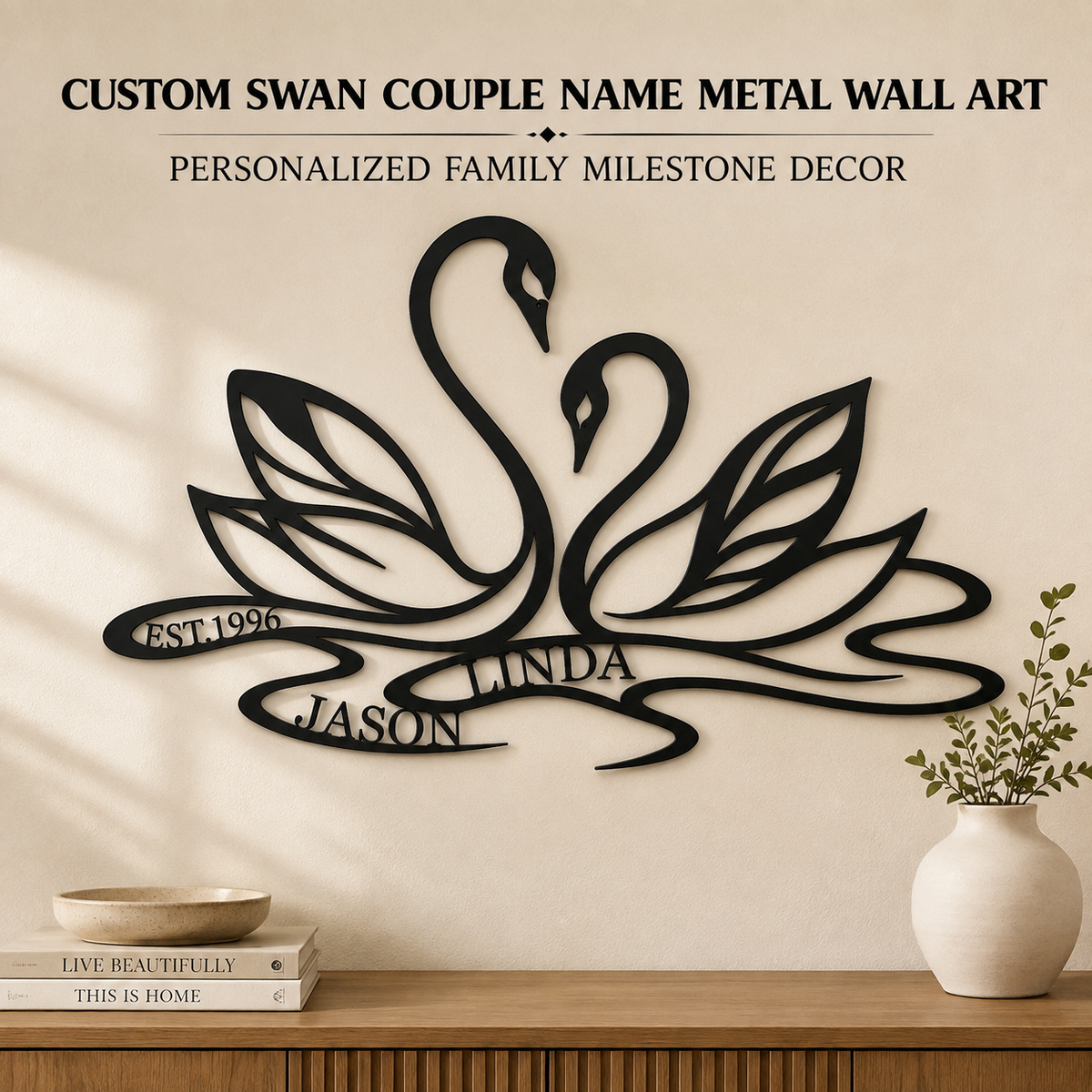 Hero Lifestyle - Custom Swan Couple Name Metal Wall Art Personalized Anniversary Gift