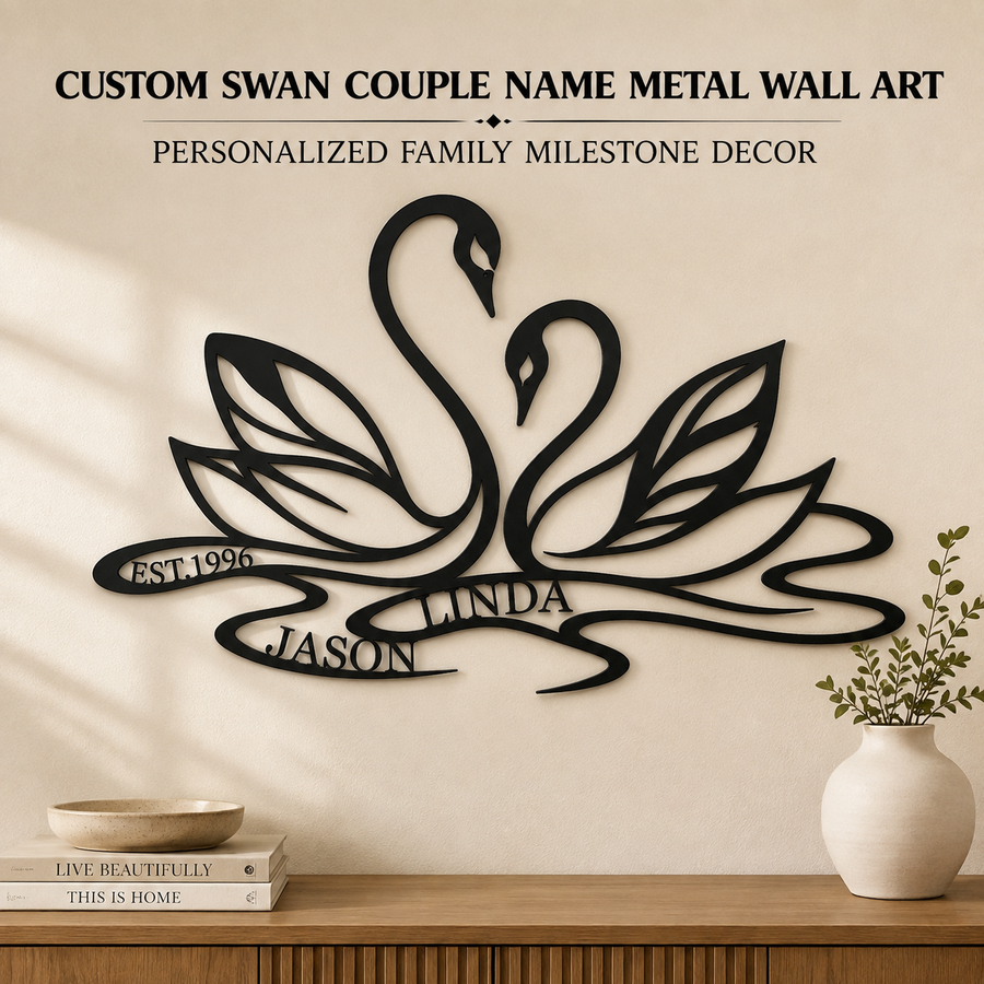 Hero Lifestyle - Custom Swan Couple Name Metal Wall Art Personalized Anniversary Gift