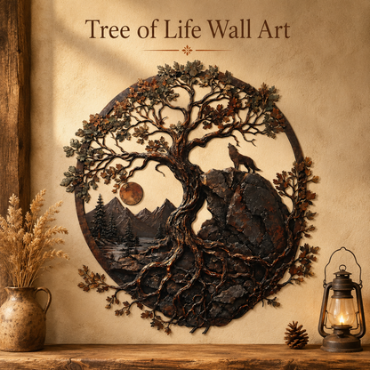 Hero Thumbnail - Ancient Oak Tree Metal Wall Art Wolf Mountain Wilderness Decor