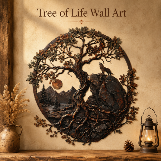 Hero Thumbnail - Ancient Oak Tree Metal Wall Art Wolf Mountain Wilderness Decor