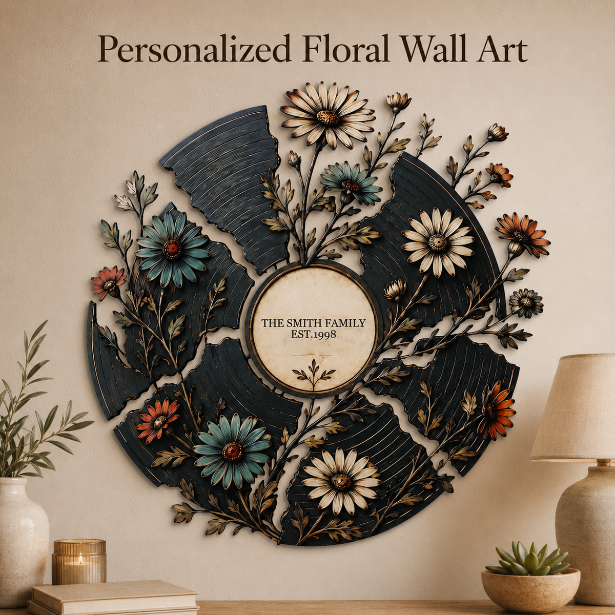 Hero Thumbnail - Personalized Floral Record Metal Wall Art Custom Vinyl Record Decor