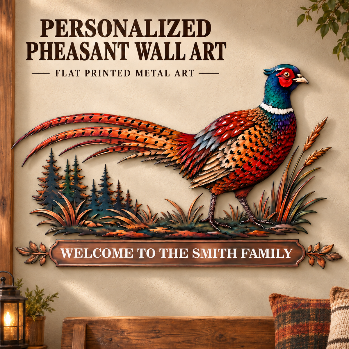Personalized Pheasant Metal Wall Art Family Name Sign Custom Cabin Wall Decor Wildlife Lodge Decor With LED — main hero