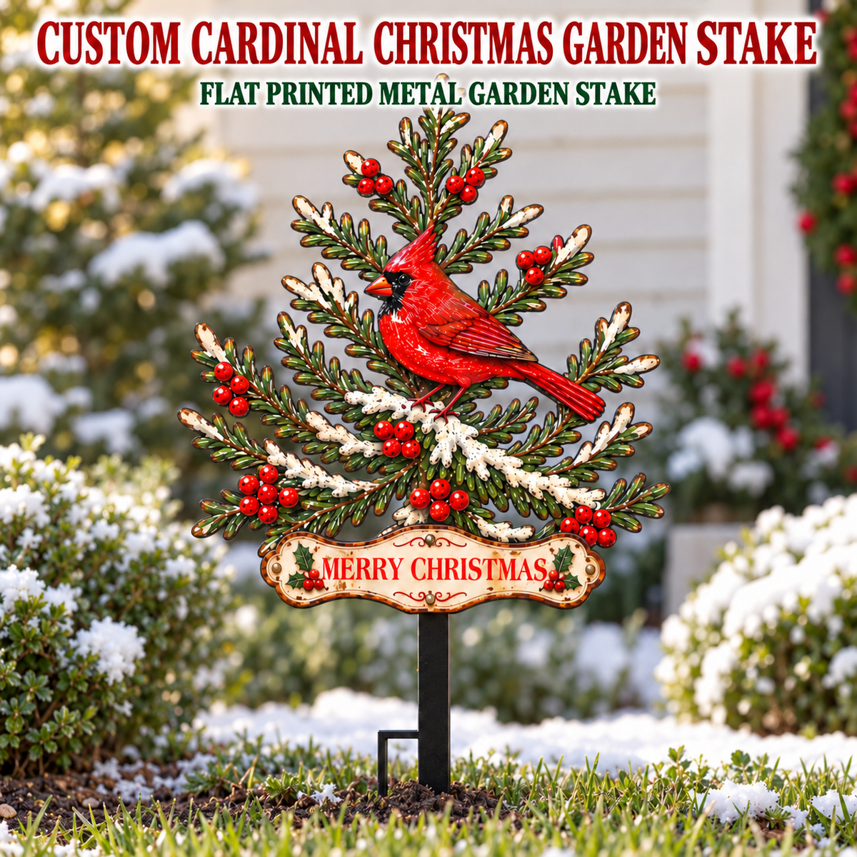 Custom Cardinal Christmas Pine Tree Metal Garden Stake Personalized Christmas Yard Art Cardinal Garden Decor Outdoor Holiday Decor — main hero