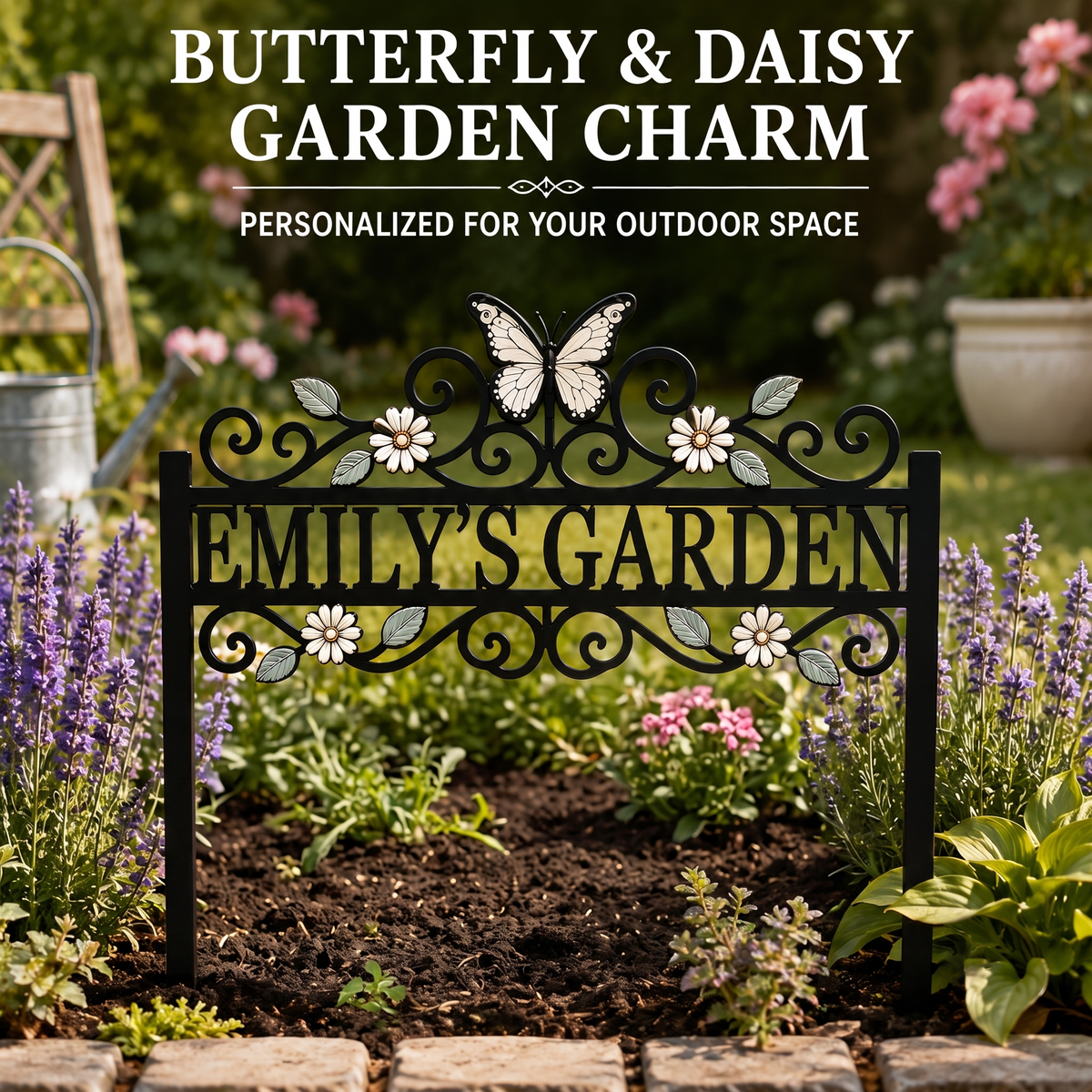 png - Custom Name Garden Stake Personalized Butterfly Garden Decor Daisy Floral