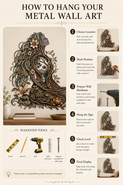 How to Hang - Safe Placement - Meditation Room Metal Wall Art Woman Tree of Life Yoga