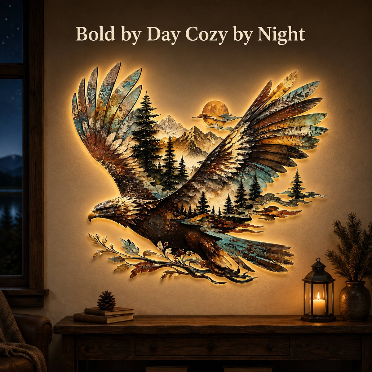Dark Room LED Scene - Bald Eagle Metal Wall Art Eagle Wall Decor Mountain Wildlife