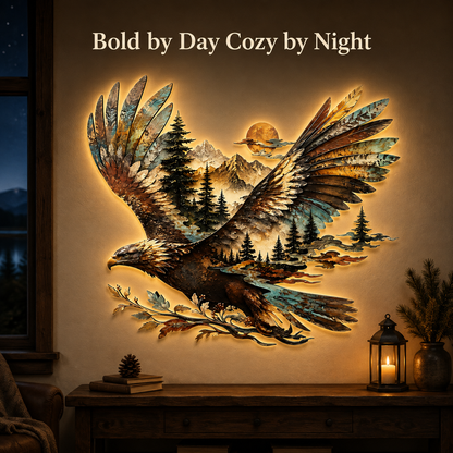 Dark Room LED Scene - Bald Eagle Metal Wall Art Eagle Wall Decor Mountain Wildlife