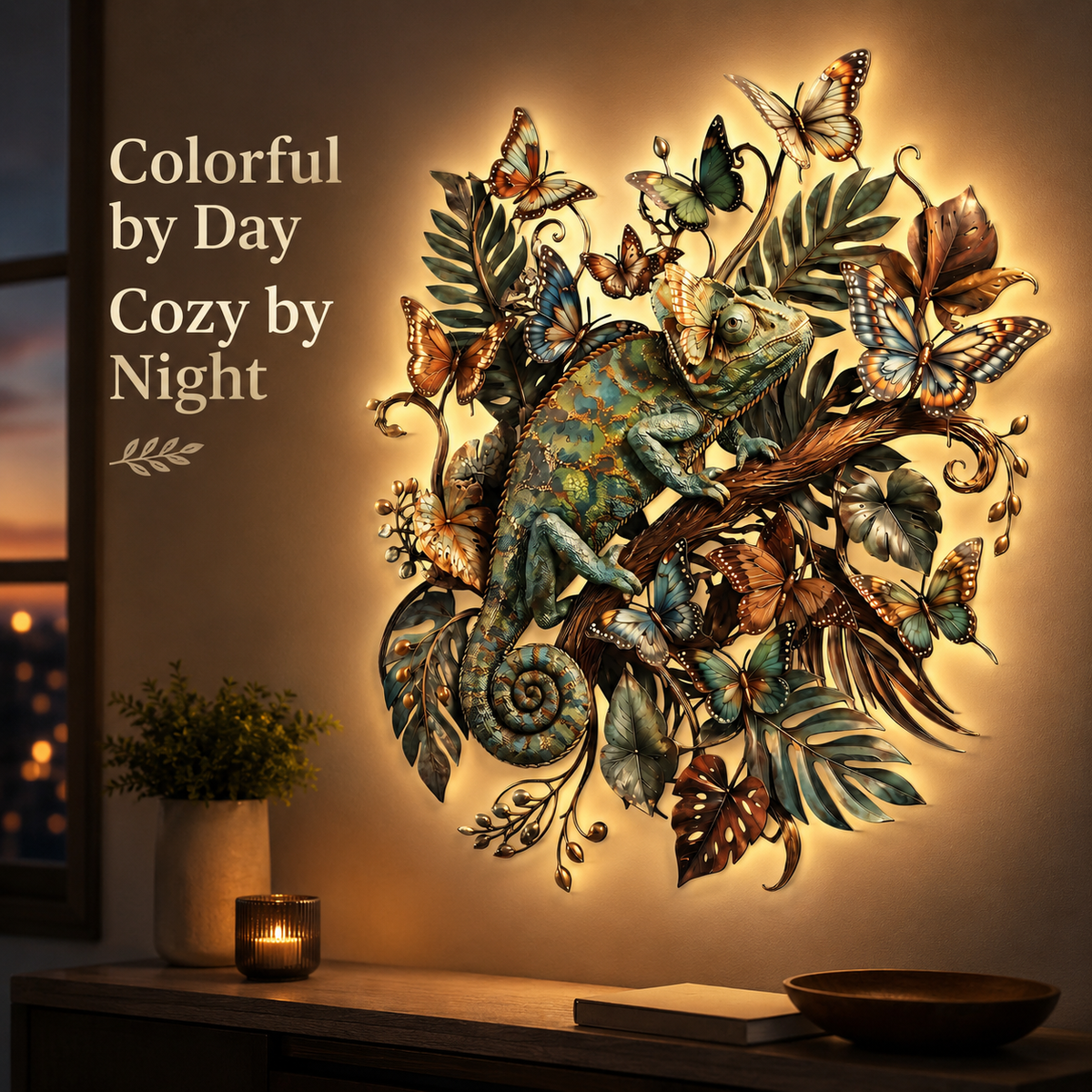 Dark Room LED Scene - Chameleon Metal Wall Art Tropical Reptile Wall Decor Colorful Jungle