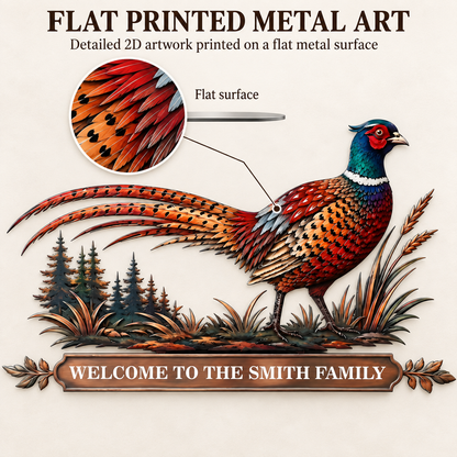 Personalized Pheasant Metal Wall Art Family Name Sign Custom Cabin Wall Decor Wildlife Lodge Decor With LED — Flat Printed Metal Art Clarification