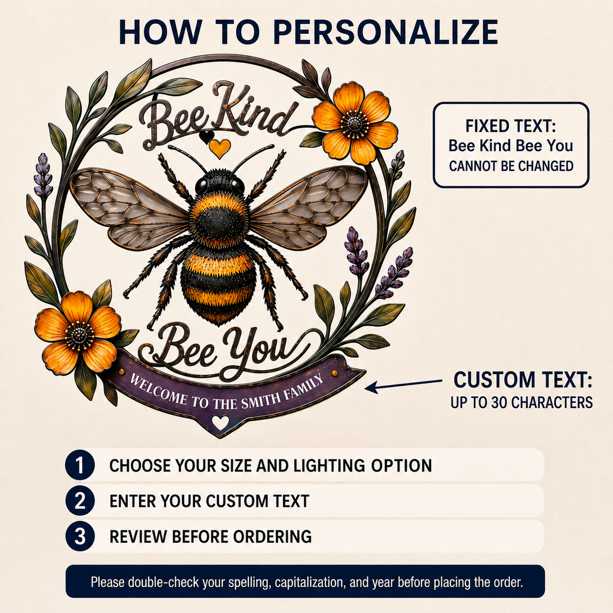How To Personalize - Bee Kind Bee You Metal Wall Art Decor Personalized Family