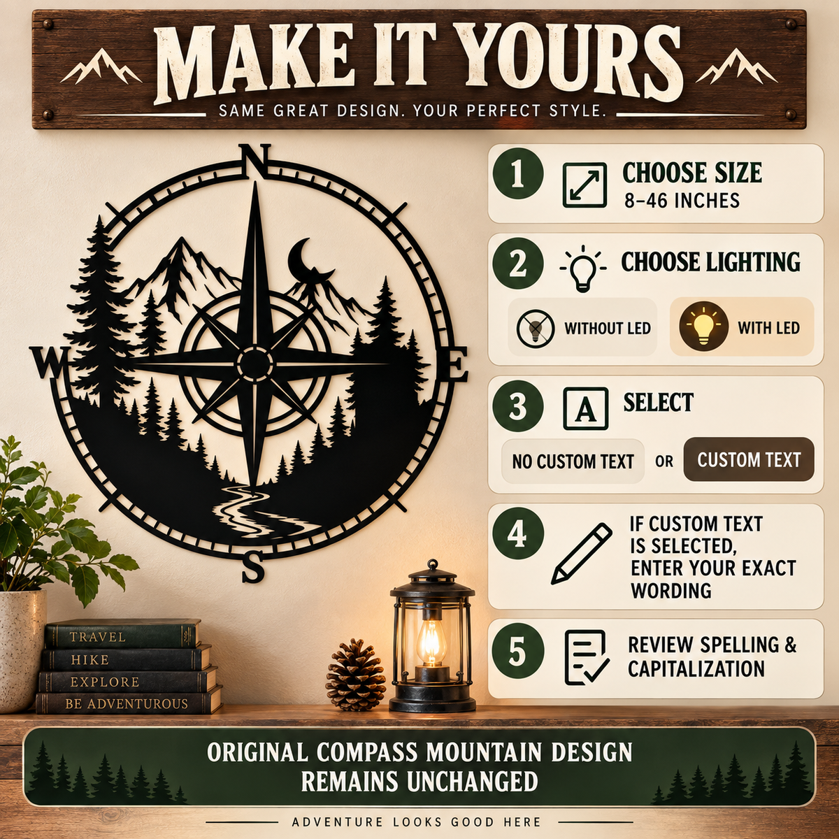 Metal Compass Wall Art Mountain Wall Art Adventure Decor Cabin Wall Art Travel Gift Nature Lover Gift With LED — How To Personalize