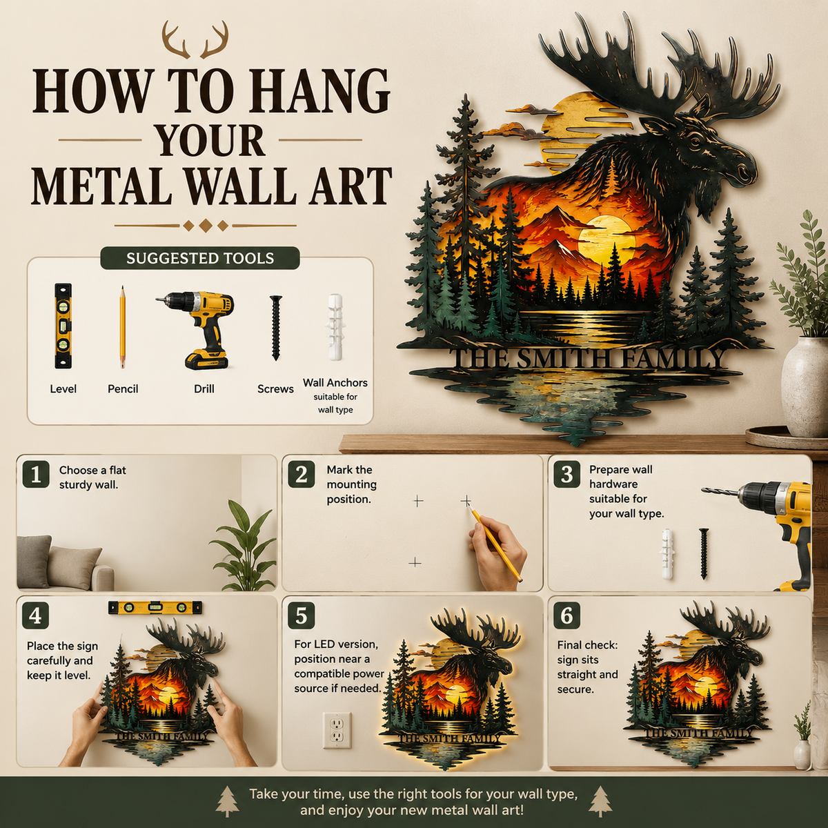 How to Hang - Personalized Moose Metal Wall Art Custom Family Name Cabin Sign