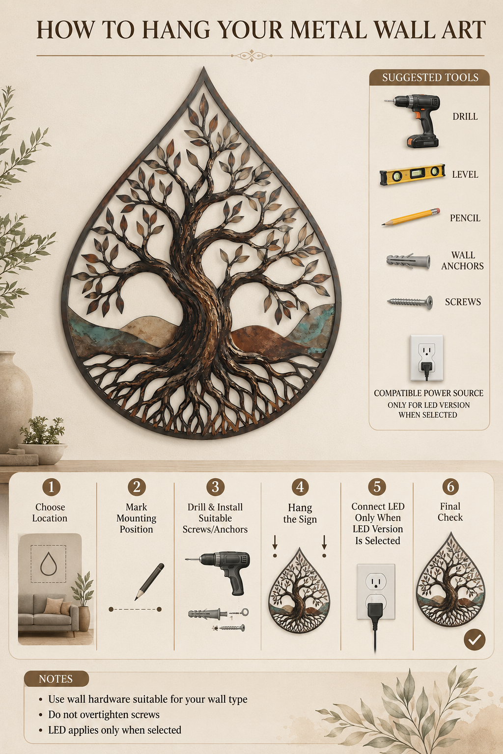 How to Hang - Water Drop Tree of Life Metal Wall Art Nature Inspired
