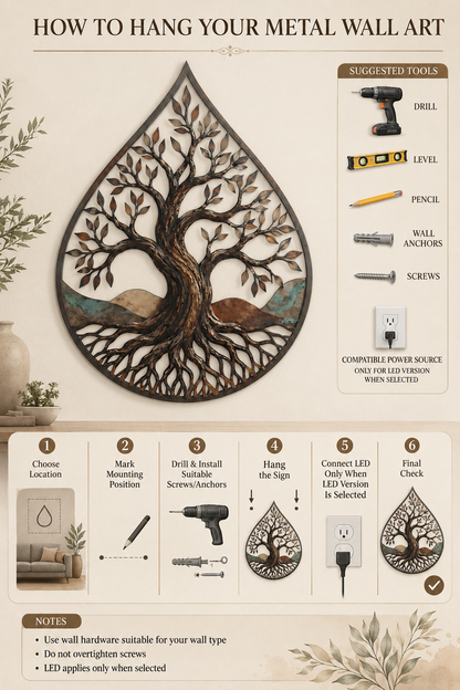 How to Hang - Water Drop Tree of Life Metal Wall Art Nature Inspired