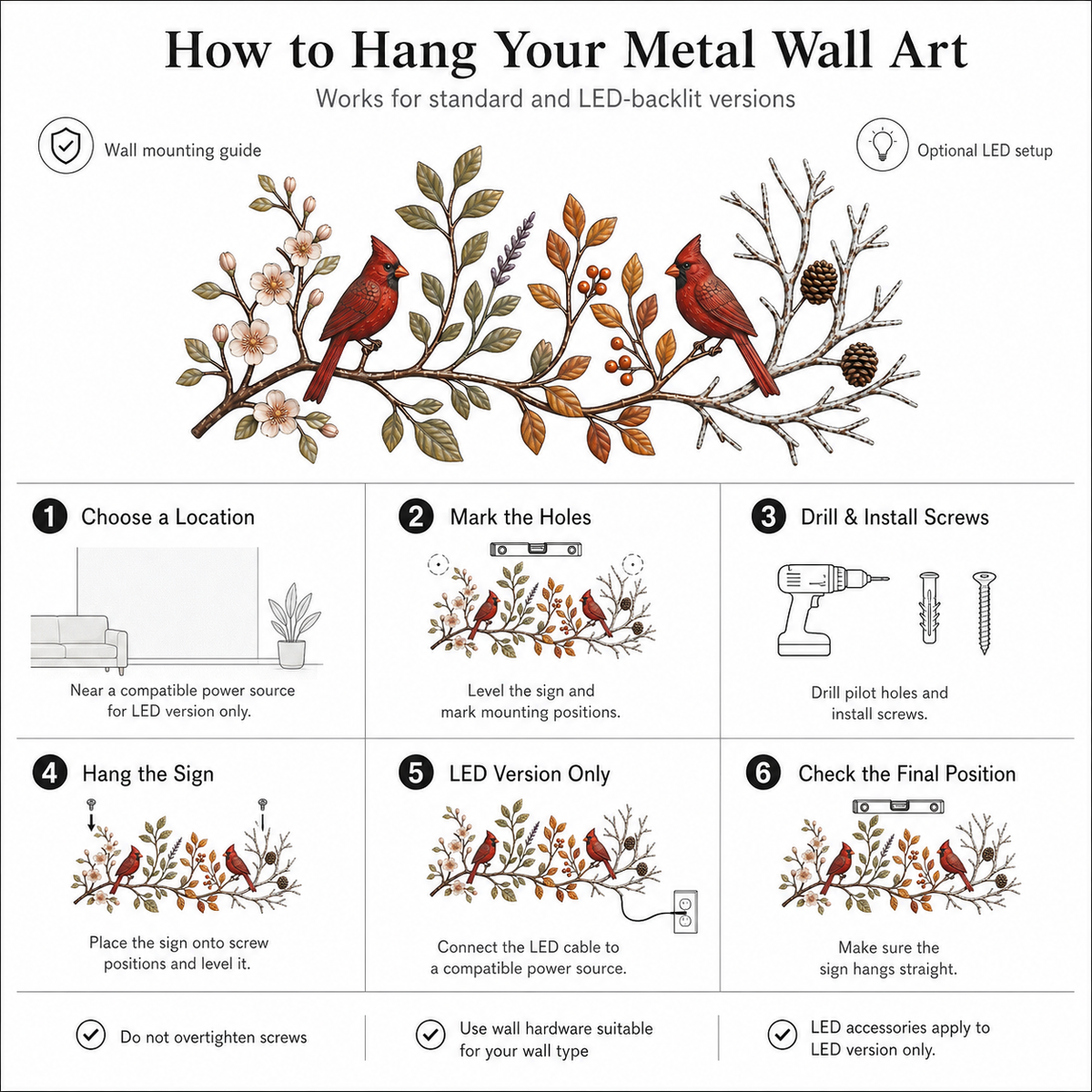 How to Hang - Cardinal Bird Metal Wall Art Four Seasons Wall Decor Flat